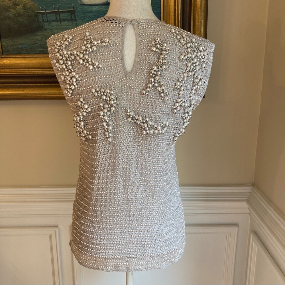 ZARA Limited Edition Gray Pearl Rhinestone Embellished Knit Top - Picture 7 of 13
